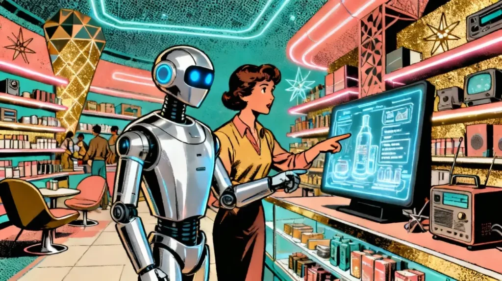 Ilustración de un voicebot con IA atendiendo clientes en un entorno de retail