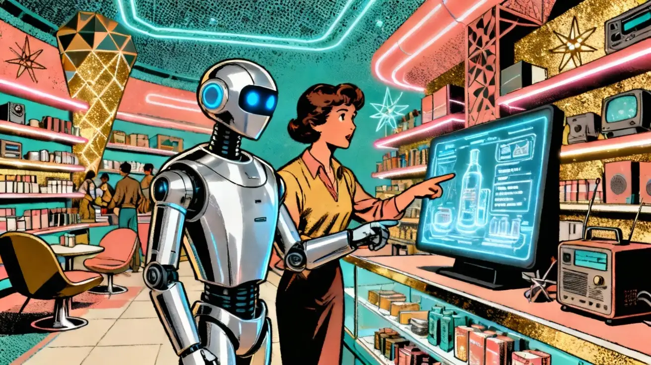 Ilustración de un voicebot con IA atendiendo clientes en un entorno de retail