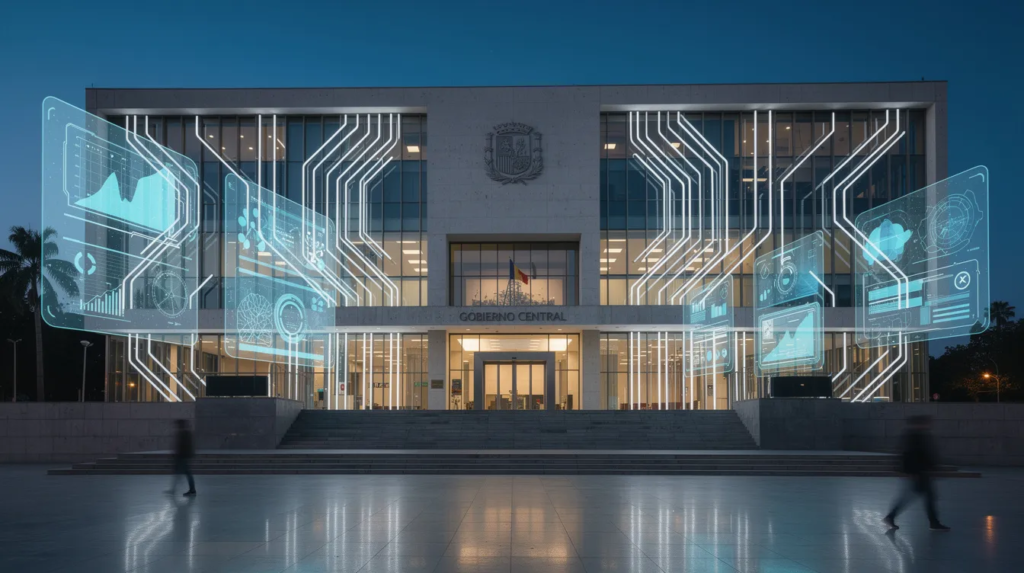 Imagen de un edificio gubernamental moderno, con una fachada que incorpora elementos digitales luminosos que reflejan la transformación del sector público a través de la inteligencia artificial y el uso de tecnologías avanzadas en la administración pública. Este diseño simboliza un enfoque innovador hacia la gestión de servicios públicos y la gobernanza en América Latina.