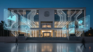 Imagen de un edificio gubernamental moderno, con una fachada que incorpora elementos digitales luminosos que reflejan la transformación del sector público a través de la inteligencia artificial y el uso de tecnologías avanzadas en la administración pública. Este diseño simboliza un enfoque innovador hacia la gestión de servicios públicos y la gobernanza en América Latina.