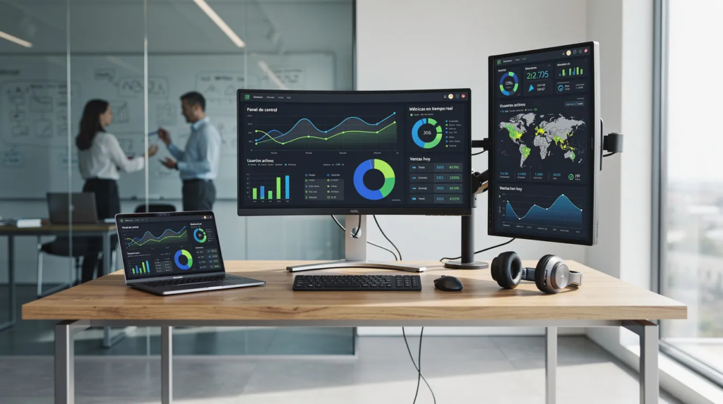 La imagen muestra un espacio de trabajo moderno con varias pantallas que exhiben dashboards de datos y métricas en tiempo real, reflejando el uso de inteligencia artificial para el análisis y la toma de decisiones en empresas de inteligencia artificial