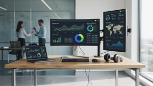 La imagen muestra un espacio de trabajo moderno con varias pantallas que exhiben dashboards de datos y métricas en tiempo real, reflejando el uso de inteligencia artificial para el análisis y la toma de decisiones en empresas de inteligencia artificial