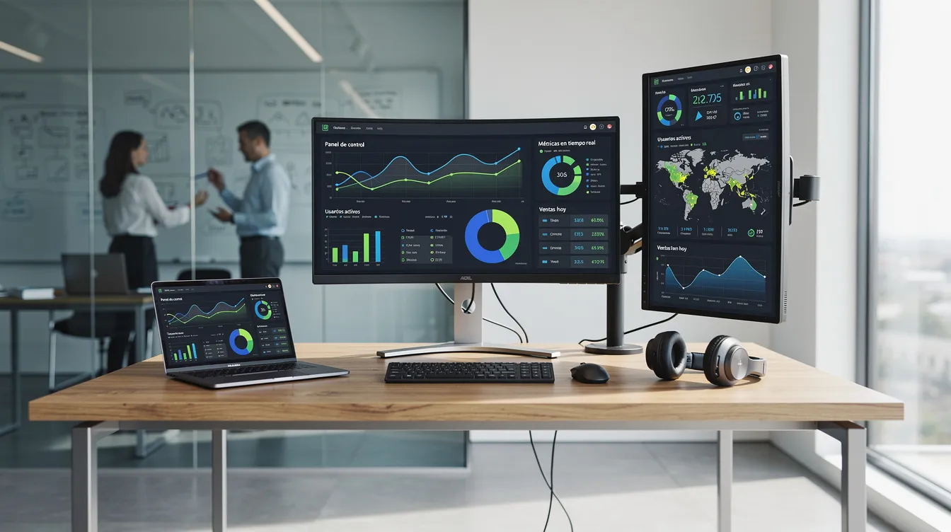 La imagen muestra un espacio de trabajo moderno con varias pantallas que exhiben dashboards de datos y métricas en tiempo real, reflejando el uso de inteligencia artificial para el análisis y la toma de decisiones en empresas de inteligencia artificial