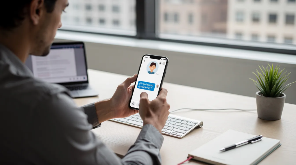 Una persona está interactuando con un asistente virtual en la pantalla de su smartphone mientras trabaja en un moderno escritorio. La imagen ilustra el uso de inteligencia artificial y chatbots de atención al cliente para resolver consultas en tiempo real.