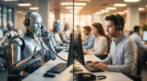 Un agente de ia conversacional junto a un humano en un call center