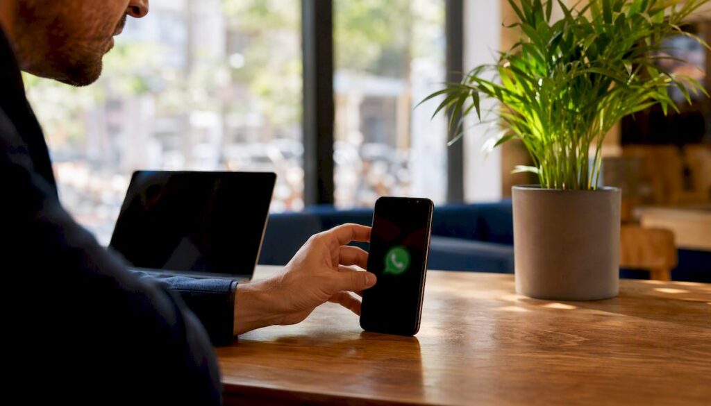Persona sosteniendo un móvil en la mano con la aplicación de WhatsApp cerrada