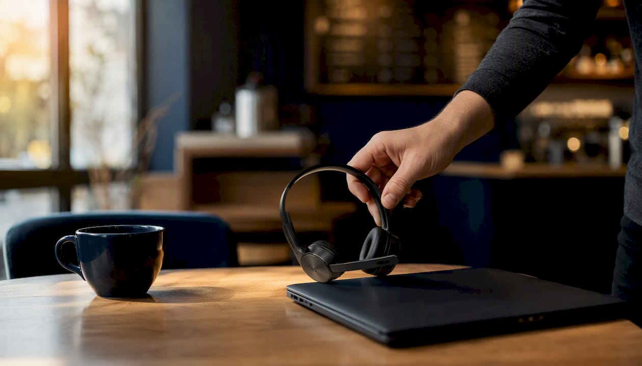 Detalle de una mano dejando unos auriculares de llamada sobre el escritorio de la oficina.