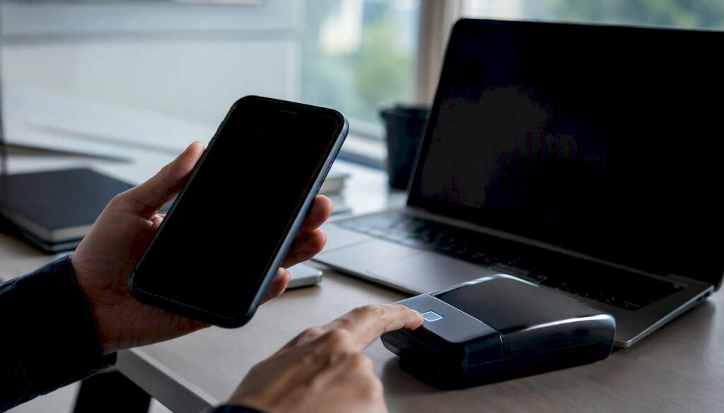 Manos utilizando un móvil para realizar un pago con un lector de tarjetas
