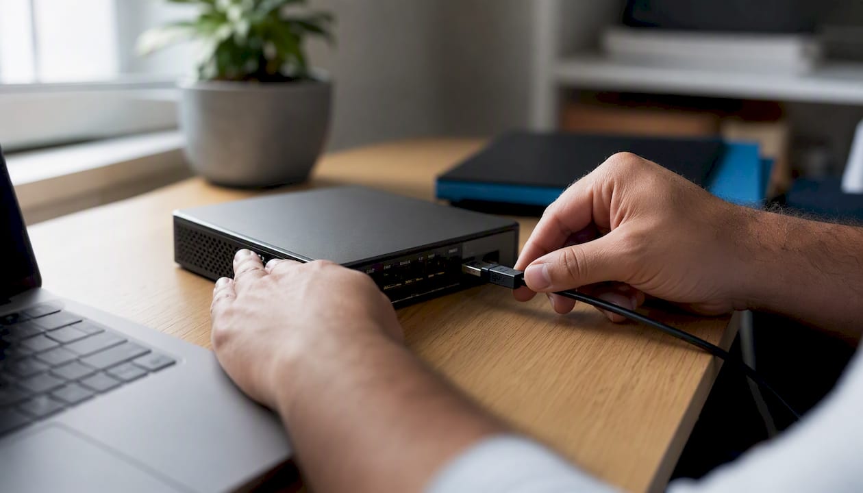 Manos conectando un cable USB a un dispositivo