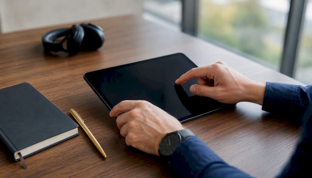 Unas manos sostienen una tablet apagada sobre un escritorio moderno.