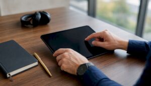Unas manos sostienen una tablet apagada sobre un escritorio moderno.
