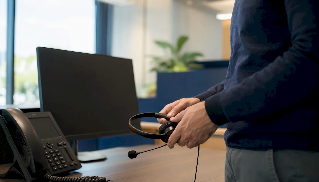 Primer plano de unas manos sujetando un auricular en una moderna sala de atención telefónica