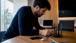 Persona conectando cables en una oficina moderna llena de tecnología
