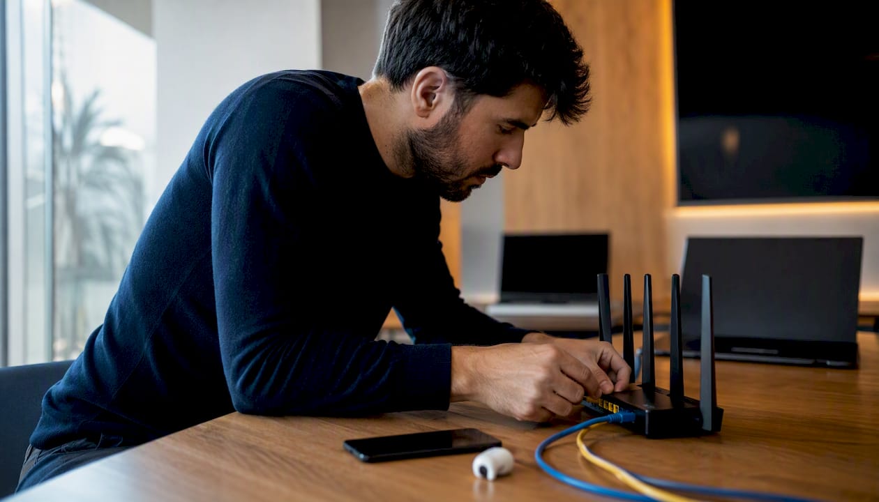 Persona conectando cables en una oficina moderna llena de tecnología