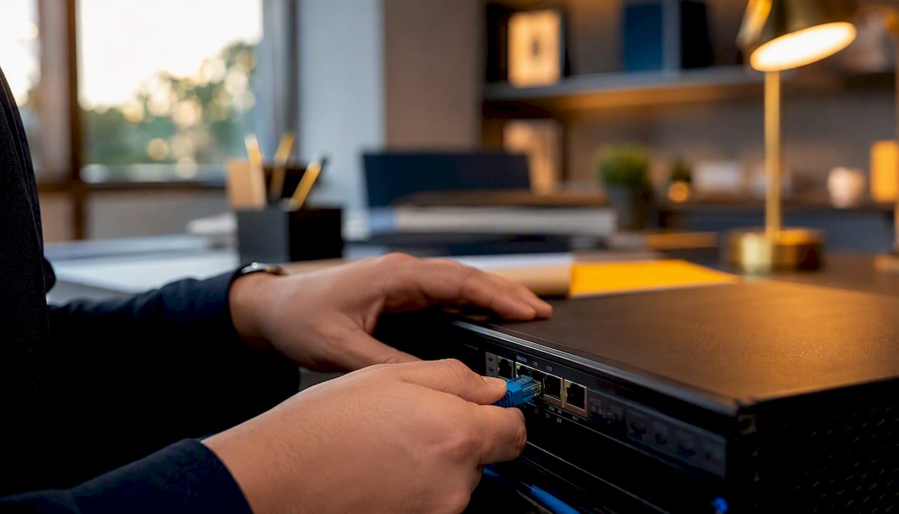 Persona conectando un cable de red en el rack de servidores