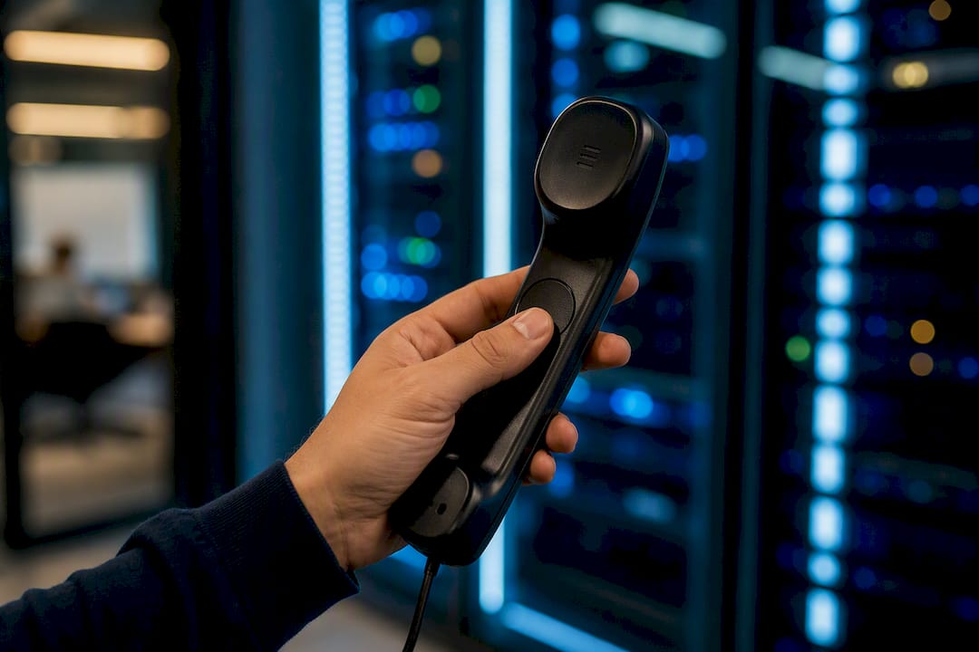 Una mano sostiene el auricular de un teléfono junto a equipos de telecomunicaciones.