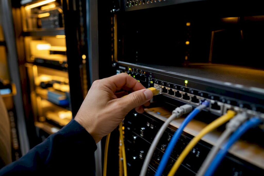 Mano conectando un cable de troncal SIP en la sala de servidores