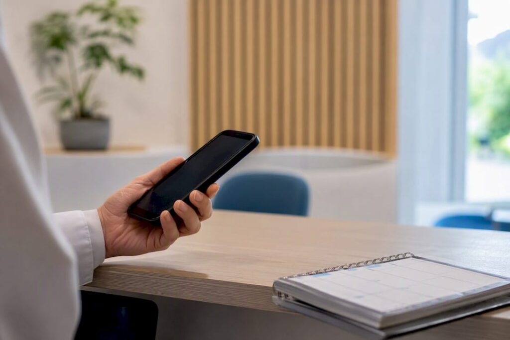 Persona sosteniendo el auricular del teléfono de la clínica