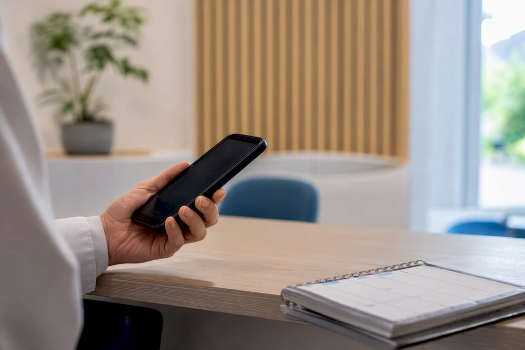 Persona sosteniendo el auricular del teléfono de la clínica