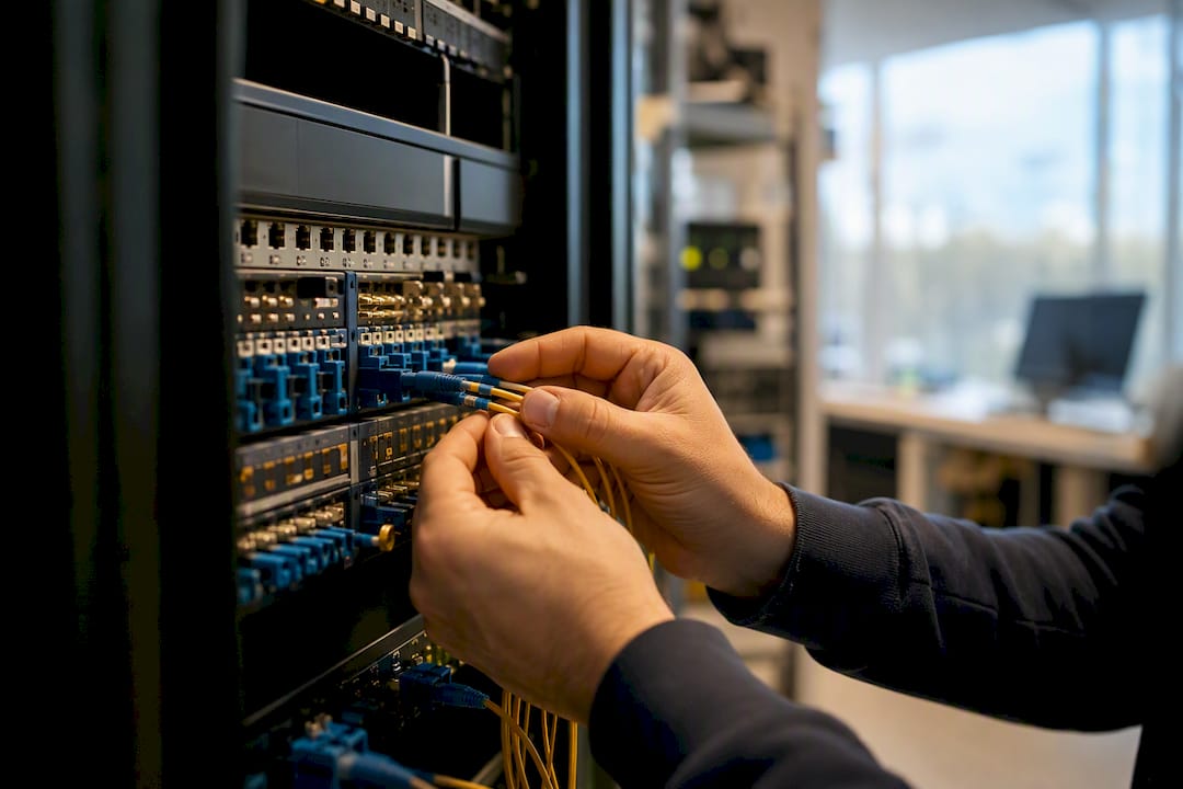 Manos conectando un cable de fibra óptica en la sala de servidores