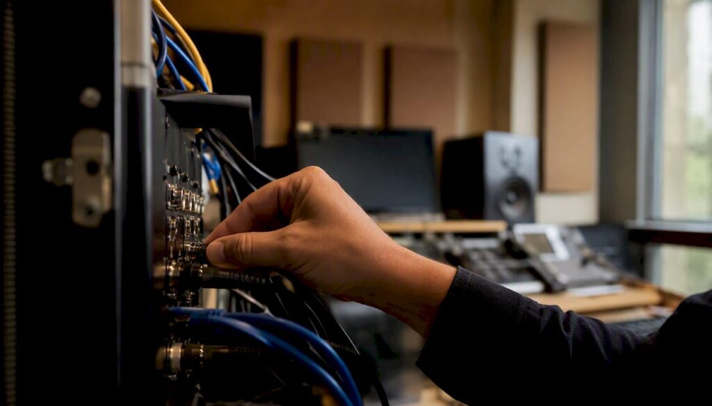 Mano conectando cables de audio en un servidor de telecomunicaciones