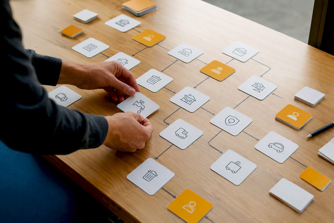 Manos organizando tarjetas de roles de flujo de trabajo sobre una mesa