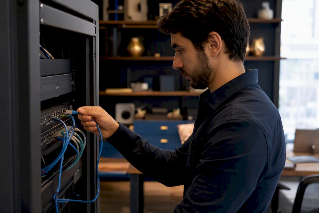 Técnico conectando un cable de red en la sala de servidores