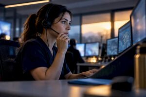 Operadora de salud clasificando llamada de emergencia